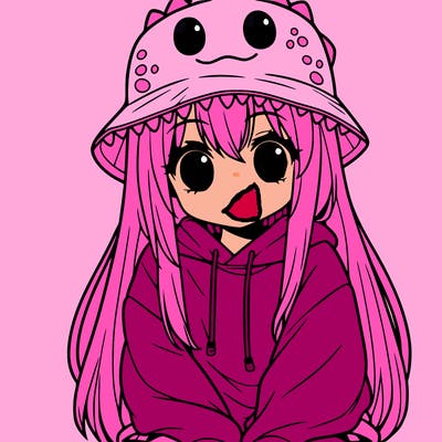 girl with anime shaped eyes with a dinosaur bucket hat oversized sweatshirt long straight hair