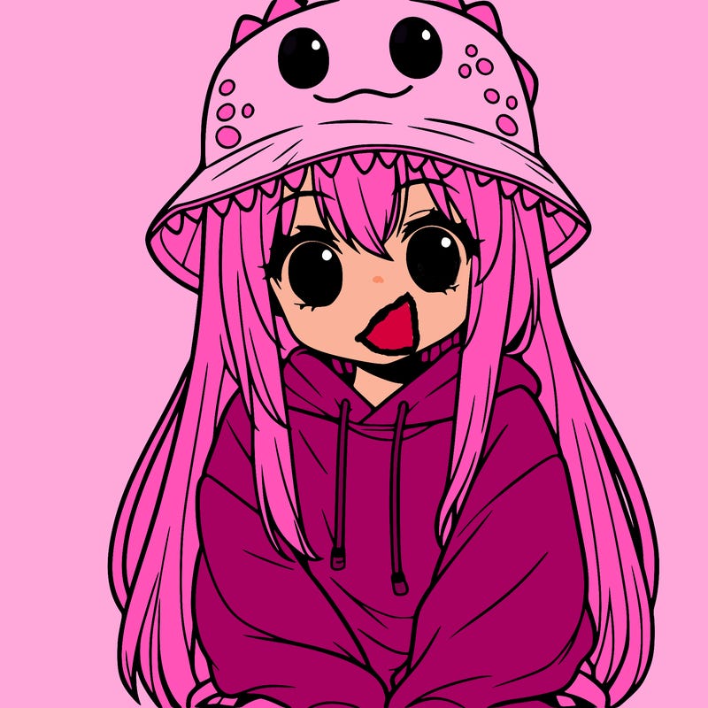 girl with anime shaped eyes with a dinosaur bucket hat oversized sweatshirt long straight hair