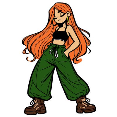 girl in baggy pants crop top and long hair