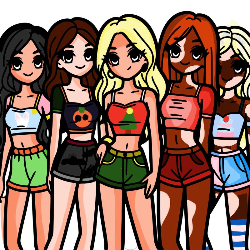 a group of girls wearing crop tops and shorts