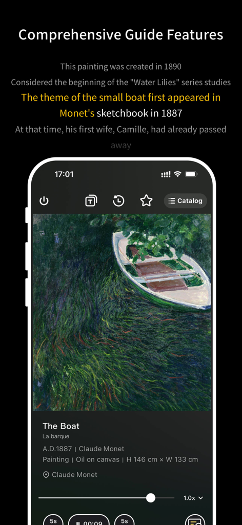 MTour - MTour app interface displaying historical details and an audio player for Claude Monets painting The Boat