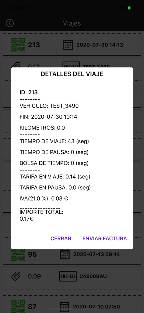 Una ventana emergente de detalles del viaje en la aplicación Motinos que muestra información sobre la tarifa y la duración del viaje