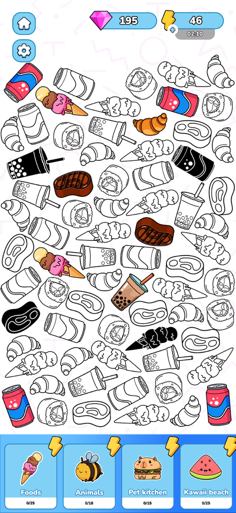 Merge Sticker Playbook 2D - Gameplay screenshot of Merge Sticker Playbook 2D showing food and drink themed stickers to be matched and colored.