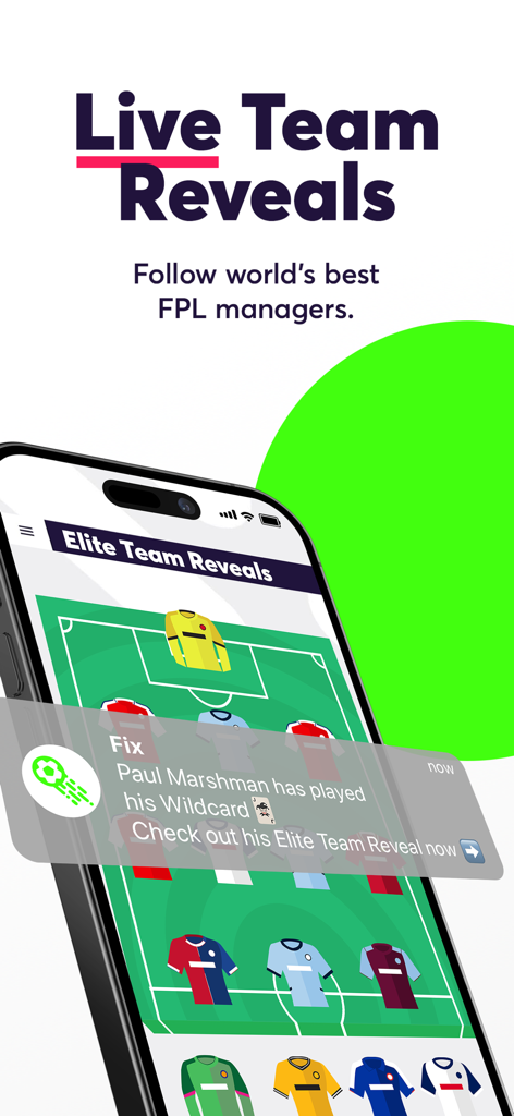 Fantasy Football Fix for FPL - Smartphone displaying elite team reveals and notifications in the Fantasy Football Fix app