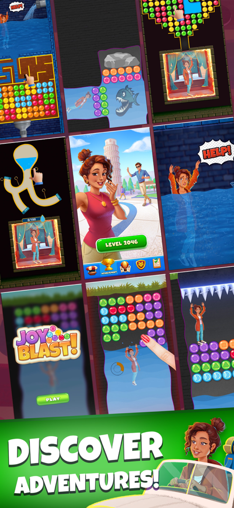 Joy Blast - A collage of Joy Blast mobile game screenshots featuring bubble blast puzzles and character story levels