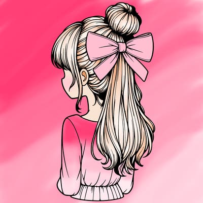 realistic girl  with hip length hair a bun and a big bow on the back of head