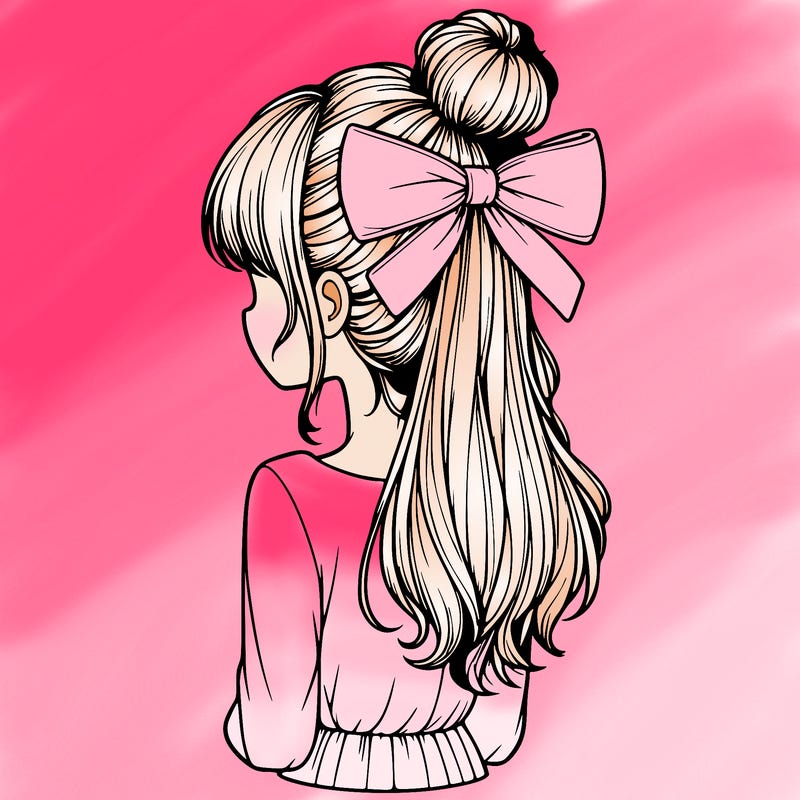 realistic girl  with hip length hair a bun and a big bow on the back of head