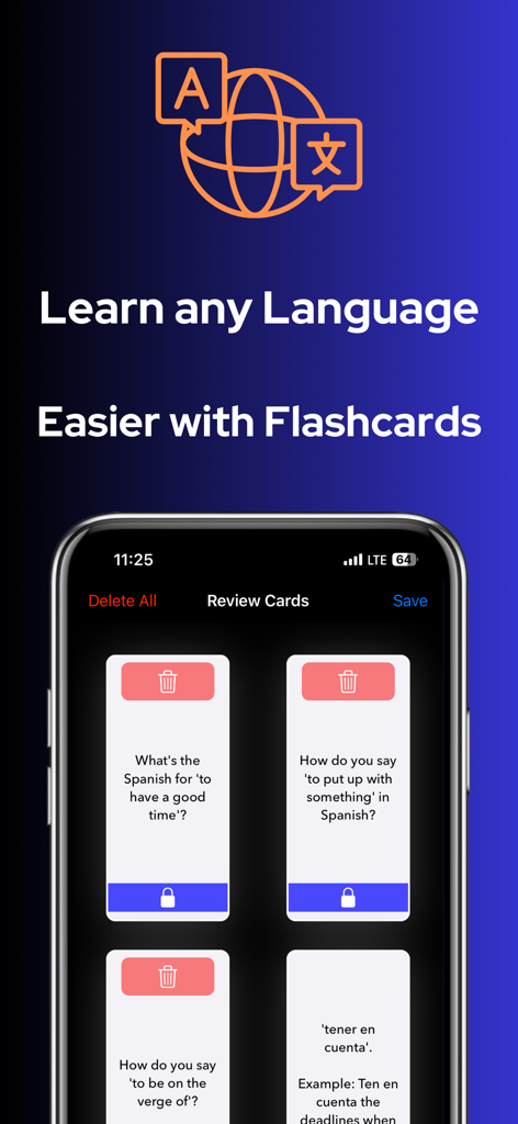 Recollio: AI Flash Cards Maker - Recollio app interface showing Spanish language learning flashcards on a smartphone screen