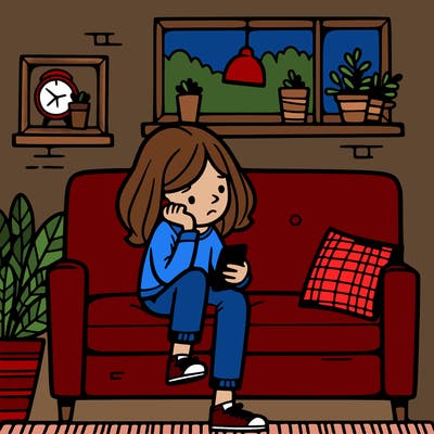 a girl sitting on the couch being bored looking at her phone