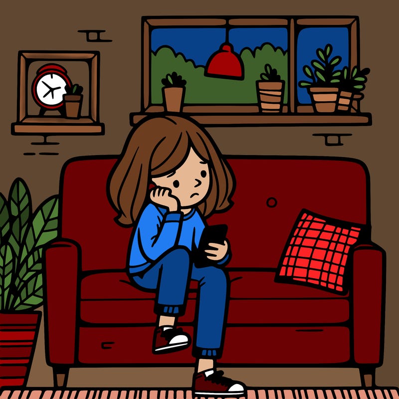 a girl sitting on the couch being bored looking at her phone