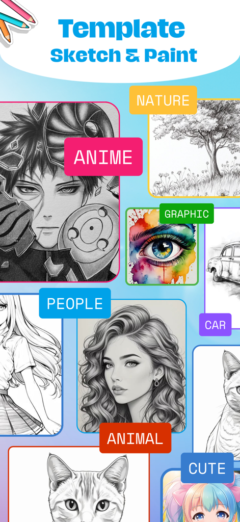 A gallery of drawing templates in the Paint App showing categories like anime, nature, people, and animals for AR tracing.
