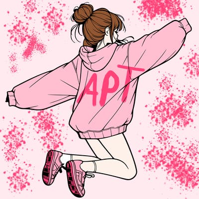 realistic girl jumping with a bun and oversized sweatshirt