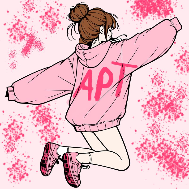 realistic girl jumping with a bun and oversized sweatshirt