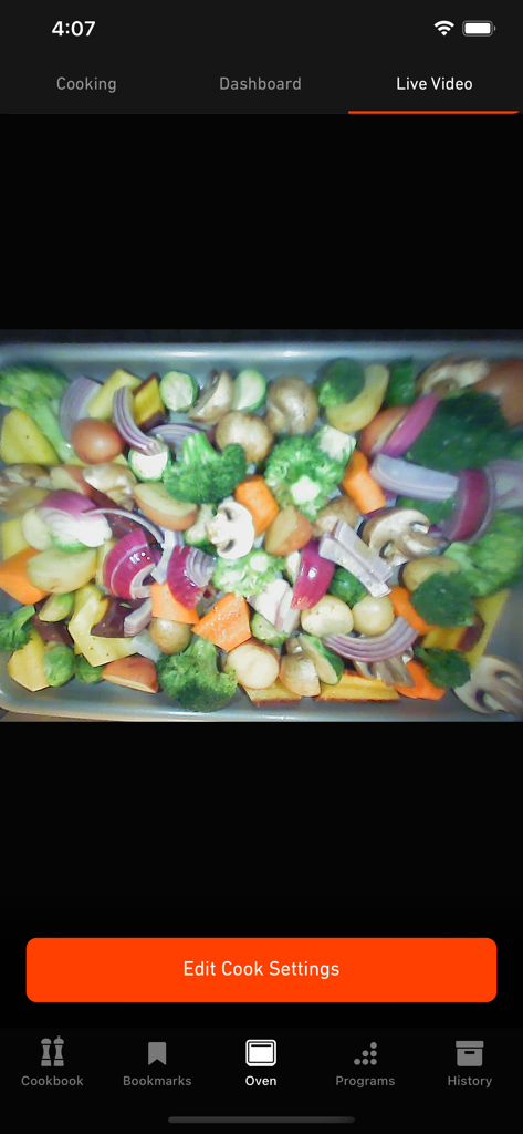 Live video of vegetables roasting in the June smart oven app