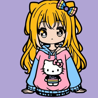 cute anime girl wearing a kuromi from hello kitty sweatshirt