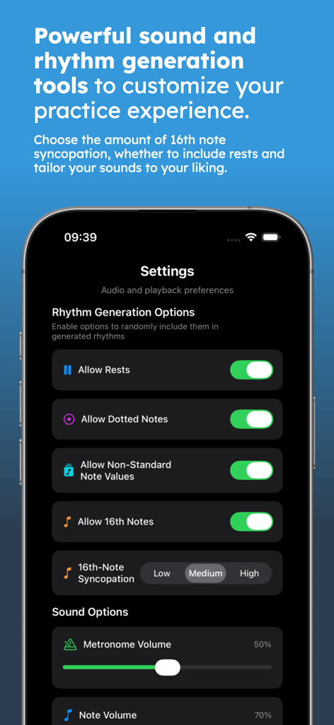 Metric Flow - Pantalla de configuración de la aplicación Metric Flow para personalizar la generación de ritmo y las preferencias de reproducción de audio.