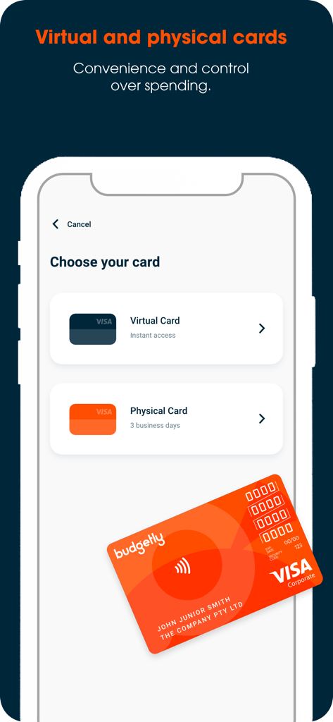 Budgetly app screen showing options to choose between a virtual or physical corporate Visa card