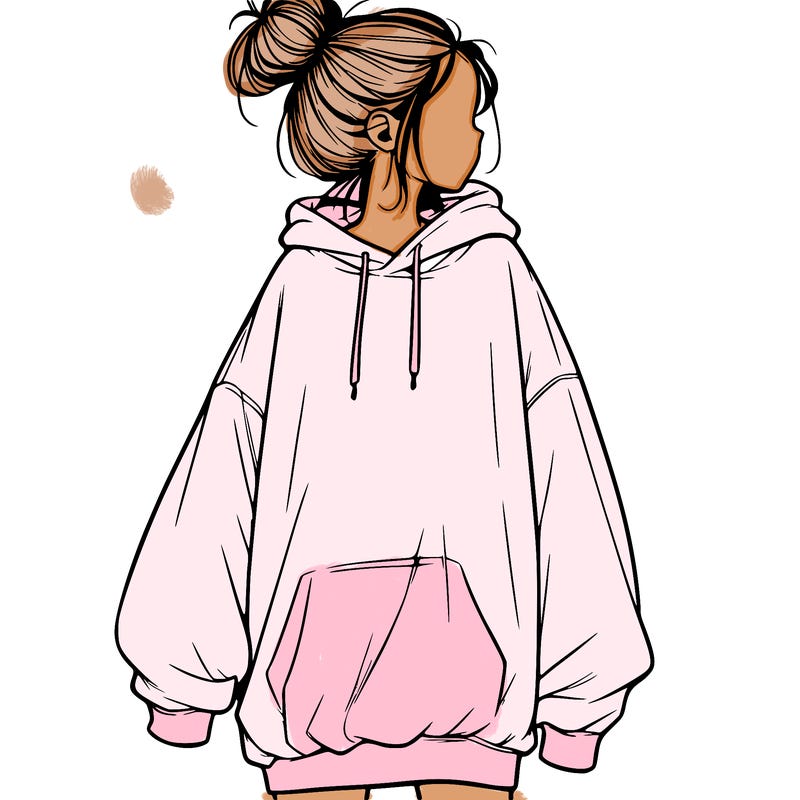 realistic girl with a oversized sweatshirt on and a bun
