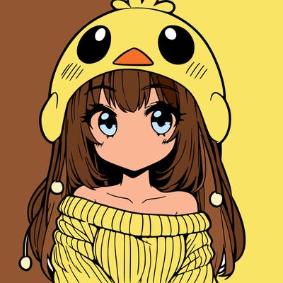anime girl with chick shaped hat with sweater with bare shoulders with bangs covering them one eye with low tail