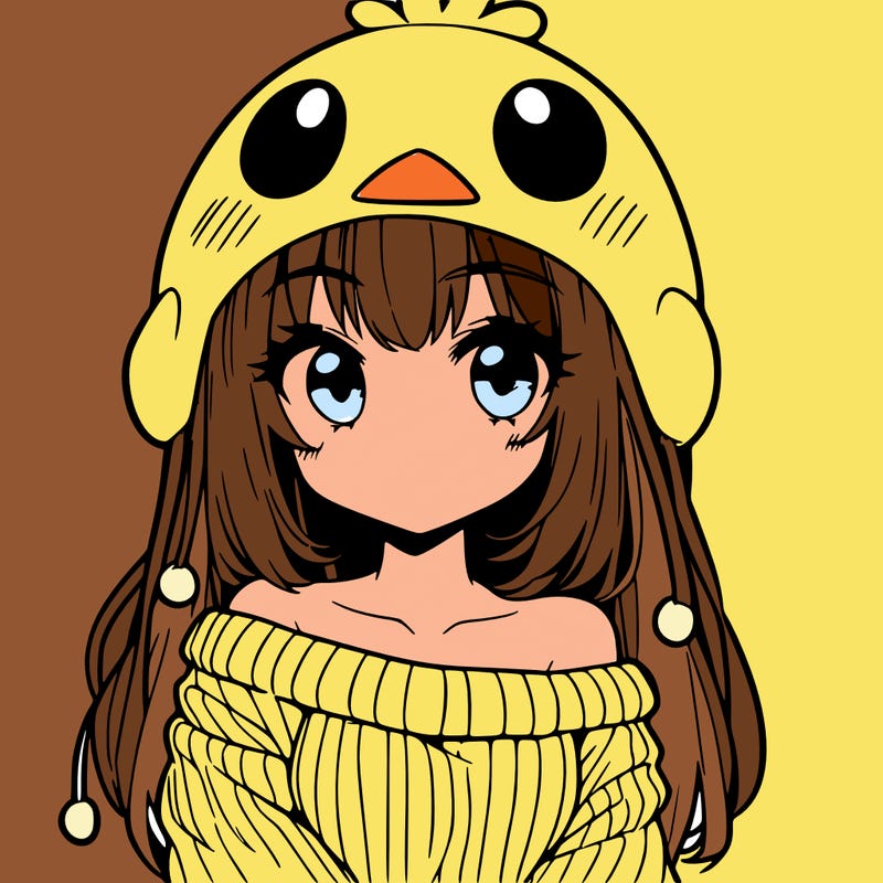 anime girl with chick shaped hat with sweater with bare shoulders with bangs covering them one eye with low tail