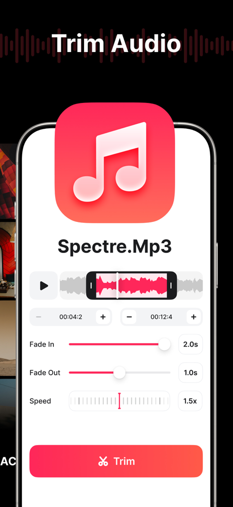 Video To Mp3 Converter - Media - The Trim Audio interface of the app featuring a waveform editor and controls for fade in, fade out, and speed.