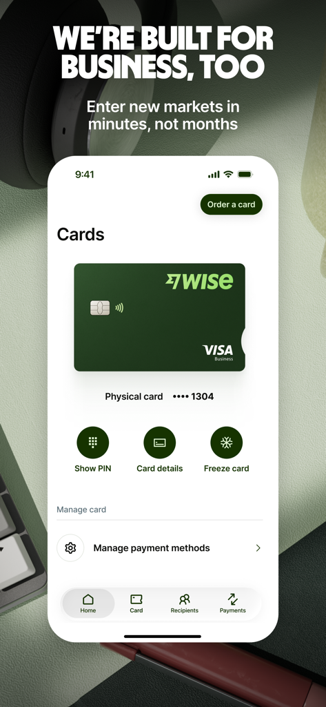 Wise - Global Money - Interface de l'application Wise montrant une carte de débit professionnelle avec des options pour la gérer