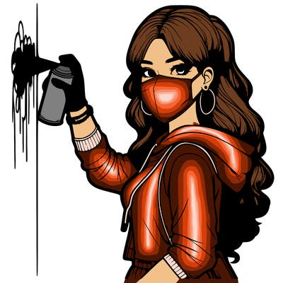 realistic girl with mask spray painting a wall