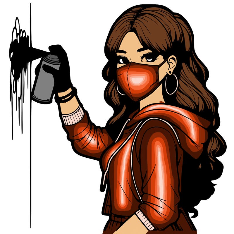 realistic girl with mask spray painting a wall