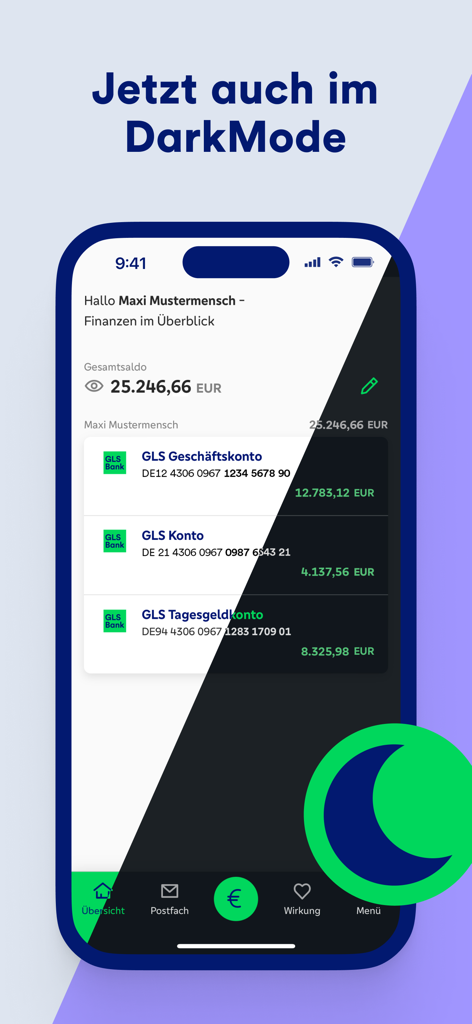 GLS Banking - A smartphone showing the GLS Banking app interface with a diagonal split displaying both light and dark mode options for account management.