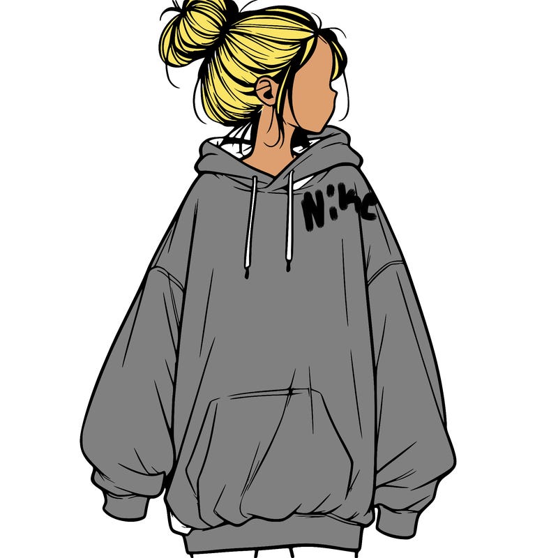 realistic girl with a oversized sweatshirt on and a bun