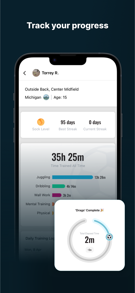 Mobile app interface showing soccer training progress with total time trained and skill breakdown stats.