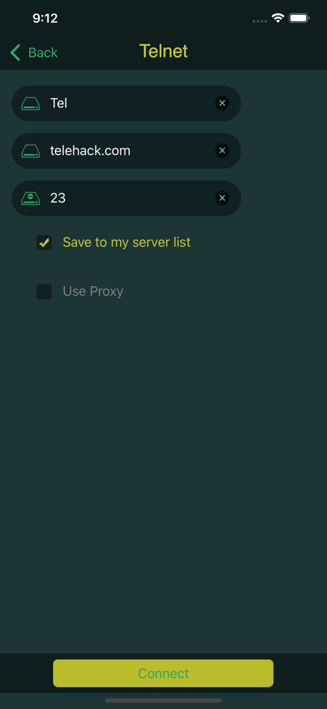 A telnet connection setup screen in the iTerminal app showing host telehack.com on port 23.