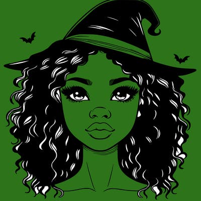 realistic black girl with wavy hair and witch hat and nose and lips
