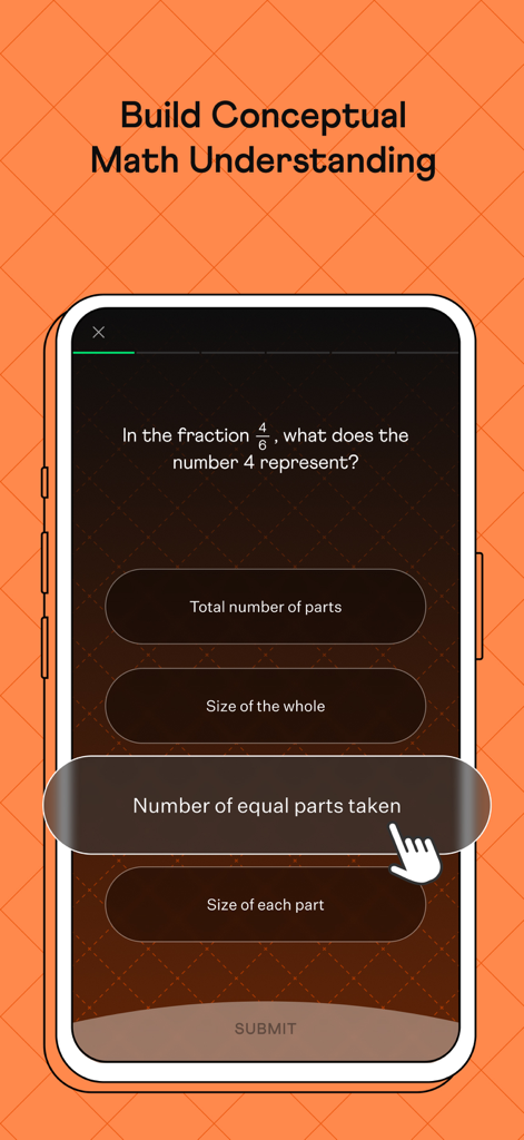 A math question in the Cuemath app asking to identify what the numerator represents in a fraction to build conceptual understanding