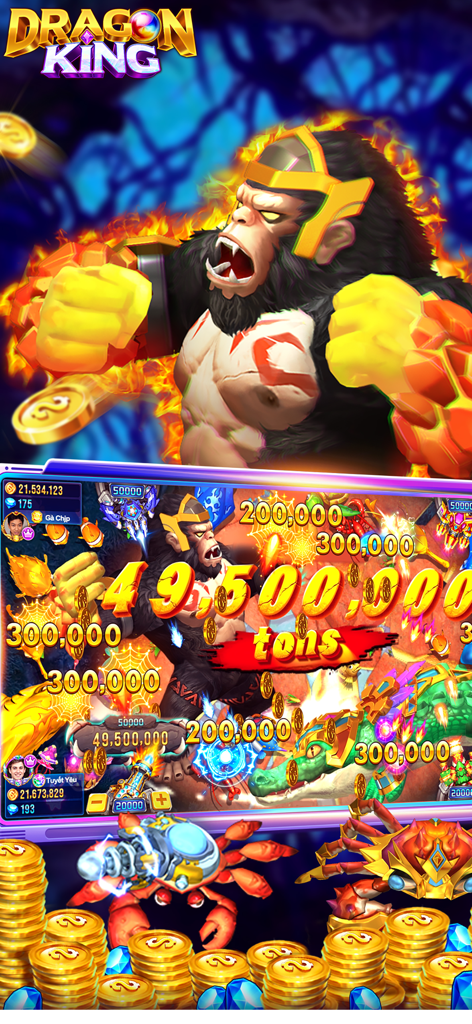 Dragon King:Fish Table Online - Écran de gameplay de Dragon King Fish Table Online montrant un boss singe enflammé et des récompenses massives en pièces d'or