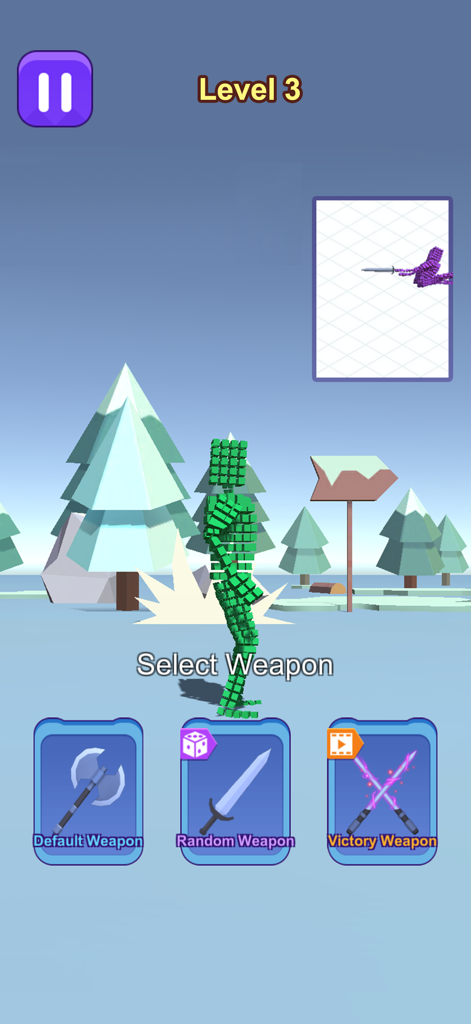 Moves Master - Weapon selection menu in the Moves Master mobile game featuring a green block character in a snowy forest.