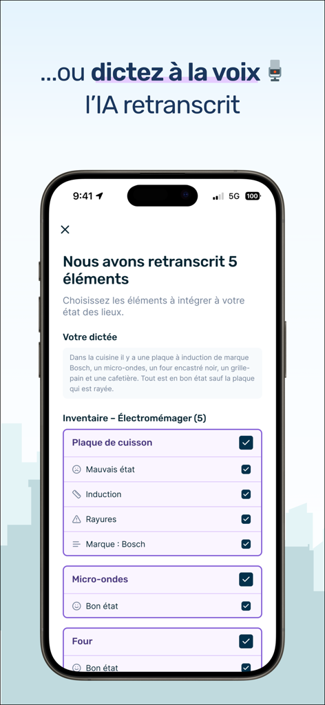 nockee - États des lieux - Nockee app interface showing AI voice transcription for property inventory items
