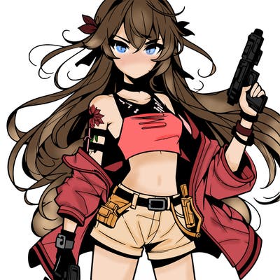 bad girl wearing crop top holding a gun long hair anime