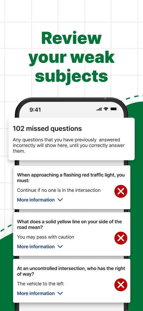 Driving Test Routes Ireland - Review screen of the RSA Theory Test app showing incorrectly answered questions.