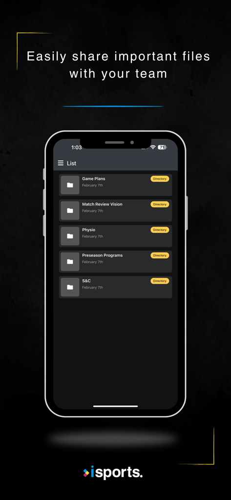 iSports Team - iSports Team app displaying folders for sharing game plans and team resources