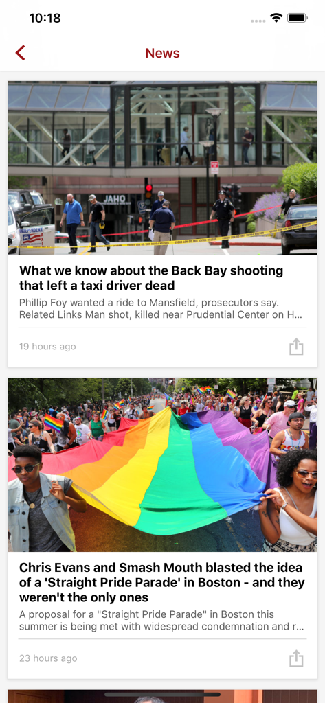 Uma captura de tela móvel do feed de notícias do Boston.com exibindo manchetes locais sobre eventos da cidade e reportagens.