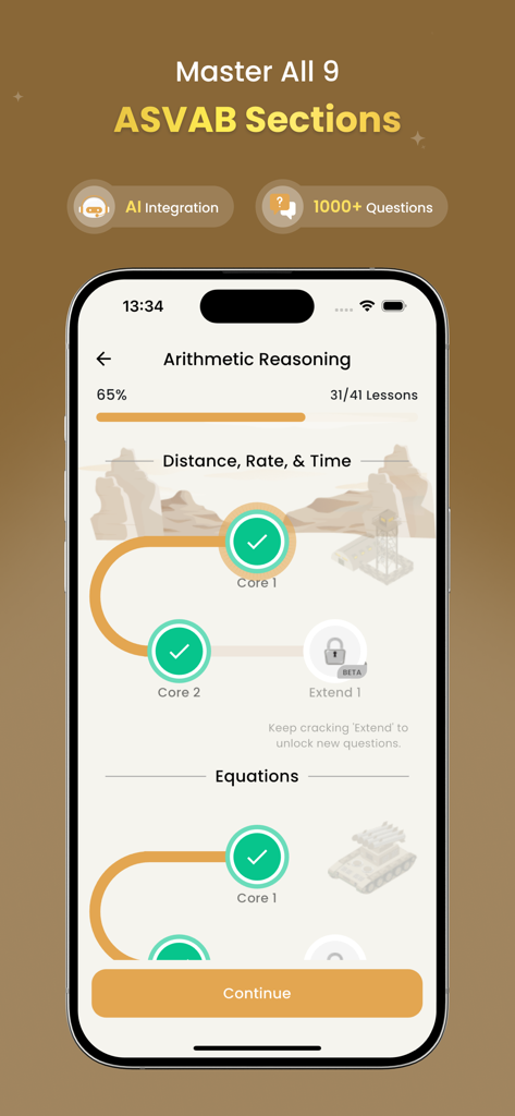ASVAB Practice Test By ABC - ASVAB Practice Test app interface showing a gamified learning path for the Arithmetic Reasoning section