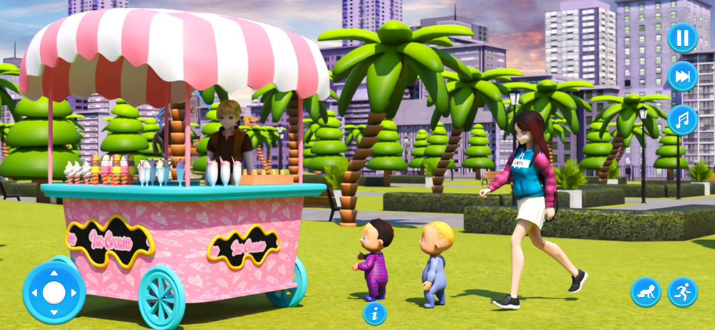 Twins Babysitter Sim:Baby Care - Babysitter character walking with twin babies toward an ice cream cart in a park
