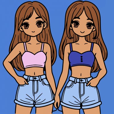 two sisters with crop tops and jean shorts and straight hair