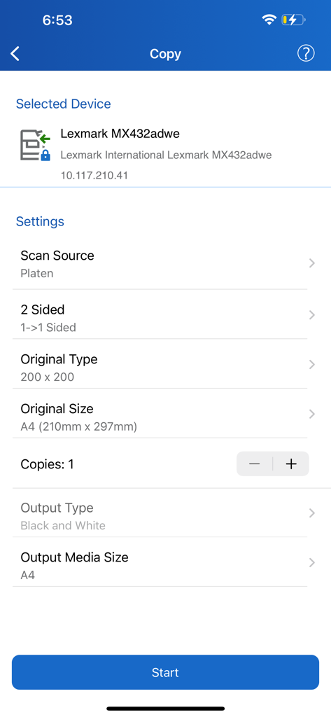 Xerox Workplace mobile app screen showing document copy configuration options including paper size and output type
