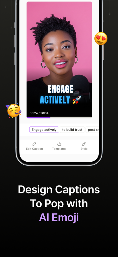 Interfaz de la aplicación móvil para diseñar captions de vídeo con texto en negrita y emojis generados por IA