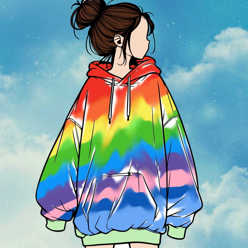 realistic girl with a oversized sweatshirt on and a bun