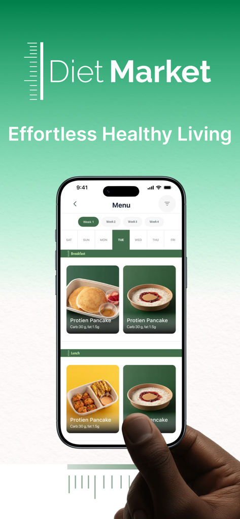 Diet Market | دايت ماركت - Diet Market app menu showing healthy meal options like protein pancakes with nutritional facts
