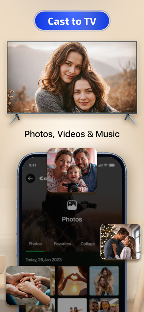 Smart View: Screen Mirroring • - iPhone espelhando uma galeria de fotos para uma smart TV usando o aplicativo Smart View