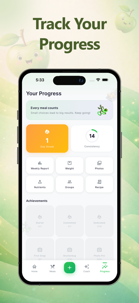 Nutoriq - AI Calorie Tracker - Nutoriq AI calorie tracker progress dashboard showing streaks and consistency score